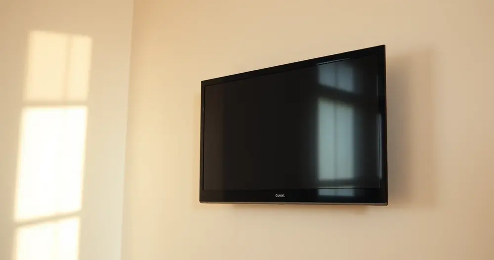 Sala de estar com televisão grande e sofá cinza