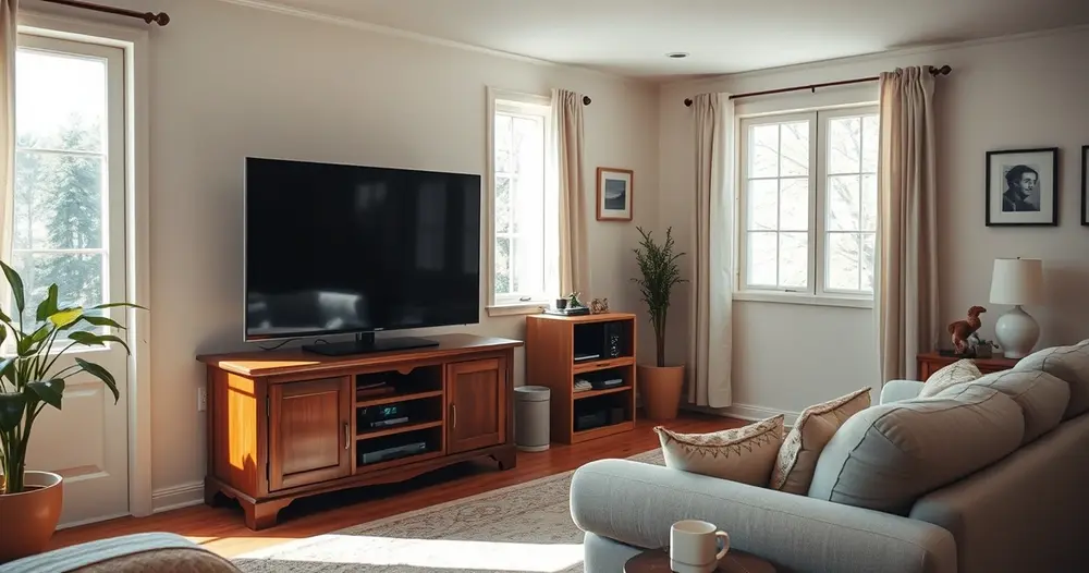 Sala de estar clara com televisão sobre rack de madeira e sofá