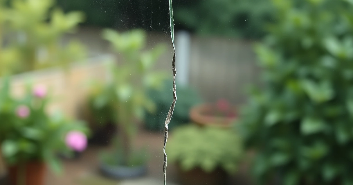 Trinca atravessando o vidro de uma janela com jardim desfocado ao fundo