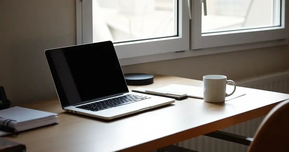 Mesa organizada com notebook fechado, pasta e caneca perto da janela