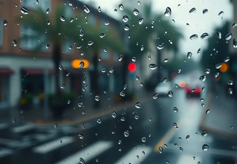 Janela com gotas de chuva e a rua desfocada ao fundo