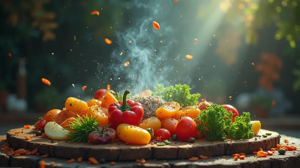 Legumes e temperos coloridos sobre uma tábua de madeira, ao ar livre