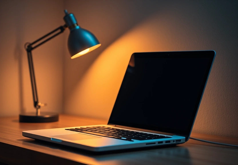 Notebook fechado sobre a mesa, ao lado de uma luminária acesa