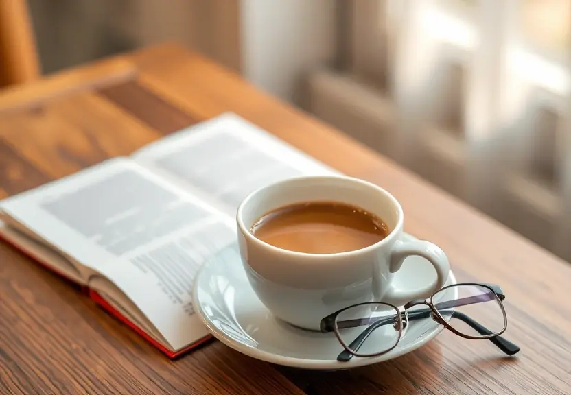 Xícara de café e um par de óculos de leitura sobre a mesa