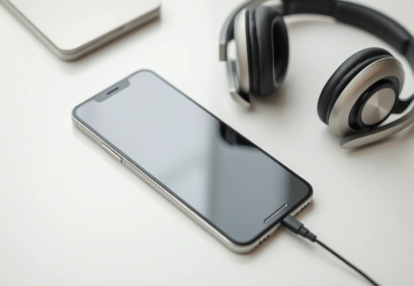Celular sobre uma mesa limpa, ao lado de fones, com a tela apagada