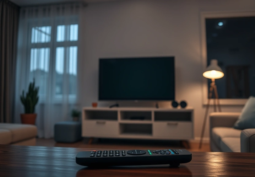 Televisão da sala ligada à noite, com o controle remoto sobre a mesa